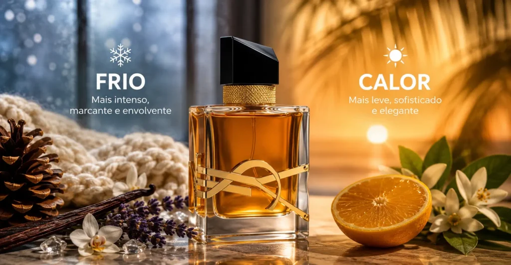 Perfume Libre Intense em cenário dividido entre frio e calor com lavanda, baunilha e laranja