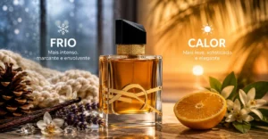 Perfume Libre Intense em cenário dividido entre frio e calor com lavanda, baunilha e laranja