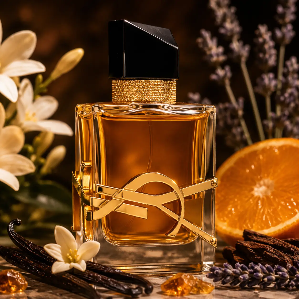 Perfume Libre Intense em cenário sofisticado com baunilha, lavanda e laranja, ideal para clima frio ou ameno