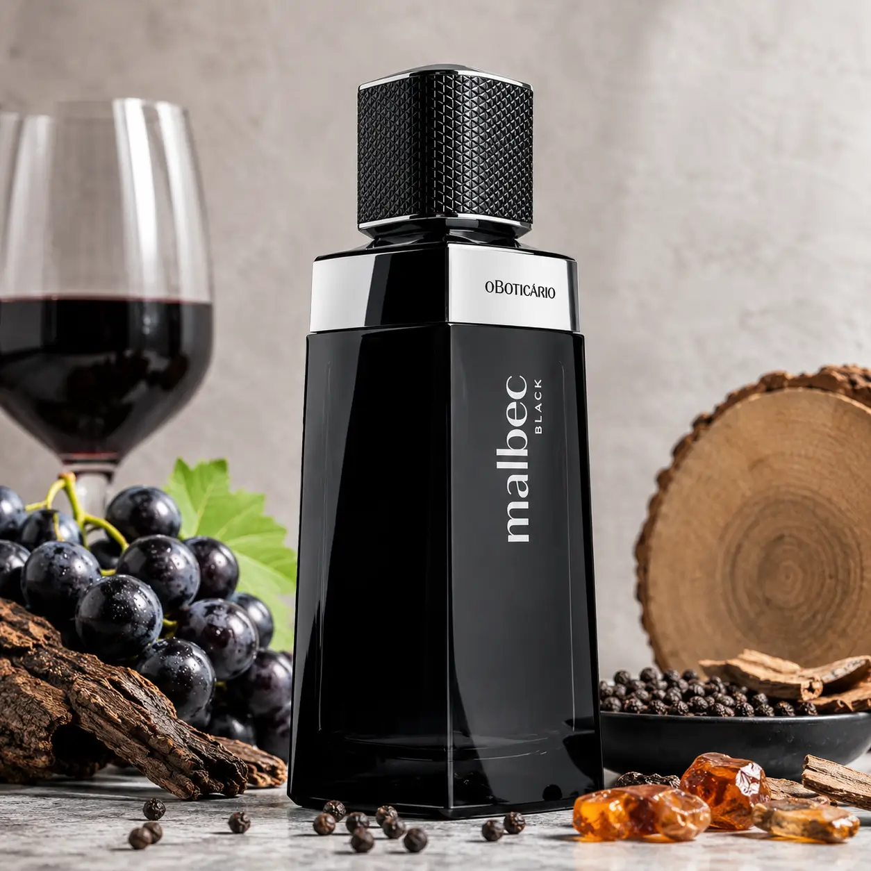 Perfume Malbec Black do Boticário em cenário sofisticado com uvas, madeira e especiarias, ideal entre os perfumes para usar no Dia dos Namorados