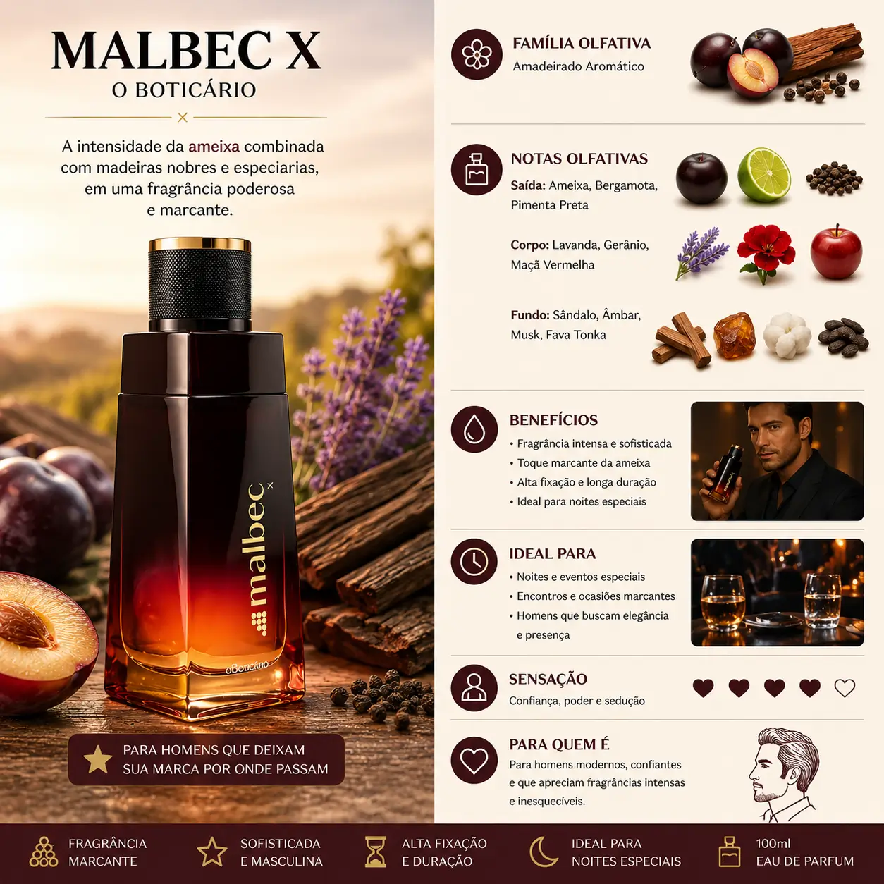 Perfume Malbec X com ameixas maduras, madeiras e especiarias ao fundo, representando fragrância intensa e sofisticada com cheiro de ameixa.