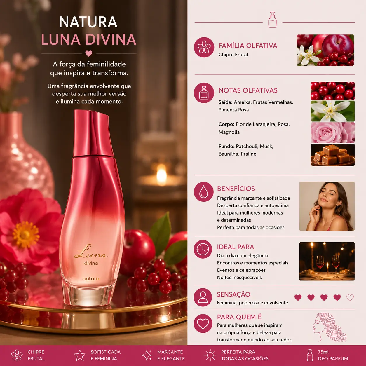 Natura Luna Divina perfume feminino em cenário sofisticado com frutas e flores, fragrância elegante e marcante