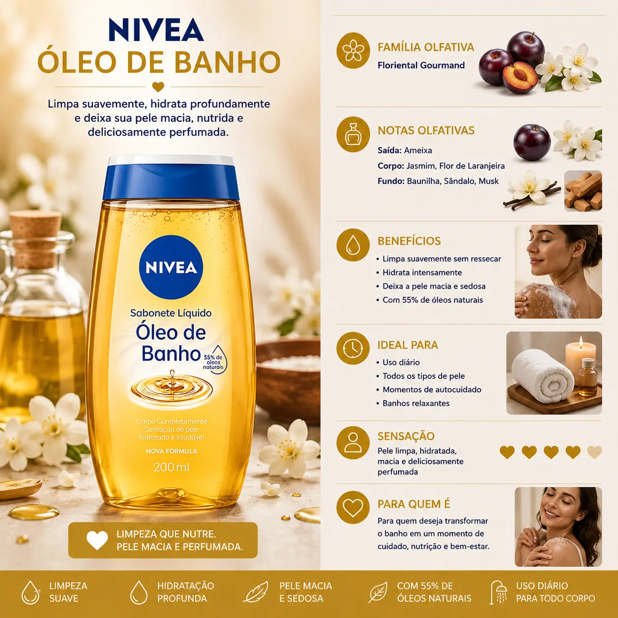 Óleo de banho NIVEA com fórmula hidratante, ideal para cuidados com a pele no inverno, promovendo nutrição e maciez