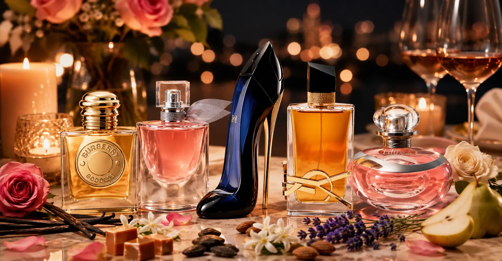 Perfumes para jantar romântico com fragrâncias elegantes e sensuais em cenário sofisticado com velas e flores
