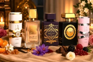 Perfumes árabes femininos para o frio com frascos elegantes Lattafa como Yara, Ana Abiyedh Poudrée, Nebras e Bade’e Al Oud Amethyst