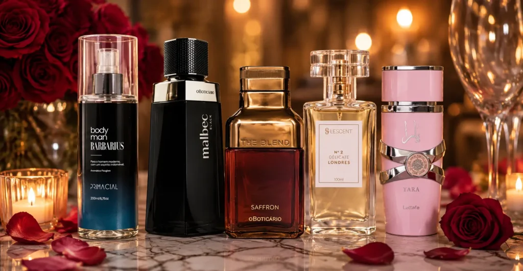 Perfumes para usar no Dia dos Namorados em cenário romântico com rosas vermelhas, velas e fragrâncias sofisticadas femininas e masculinas.
