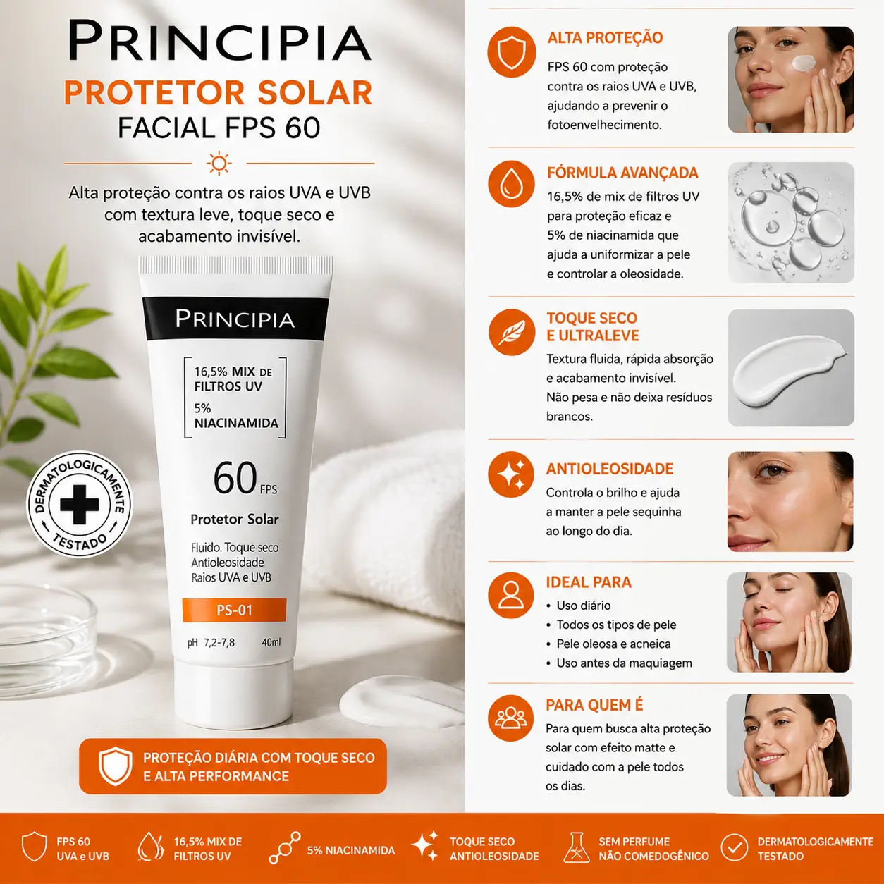 Cuidados com a Pele no Inverno com Principia Protetor Solar Facial FPS 60 toque seco e alta proteção UVA UVB