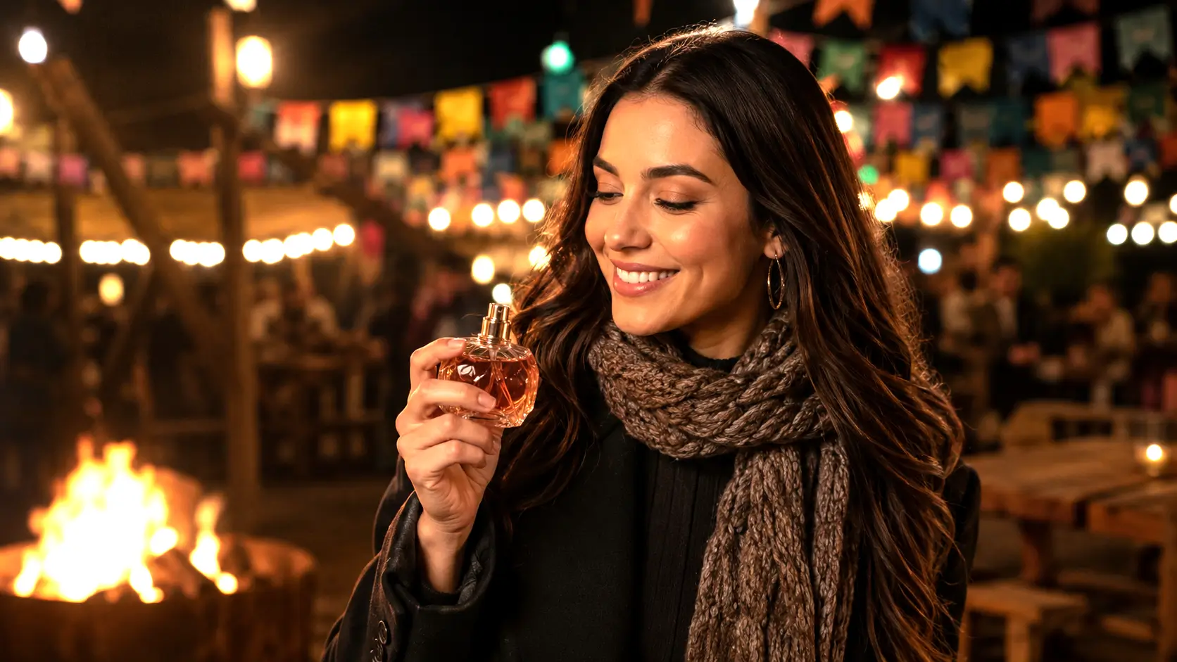 Qual perfume usar na festa junina: mulher em noite de São João usando fragrância elegante para o inverno