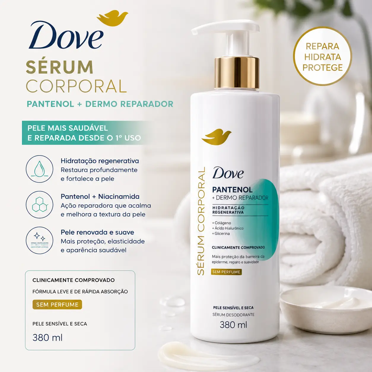 Banho Quente no Inverno com hidratação intensa: sérum corporal Dove com pantenol em cenário de cuidados pós-banho para pele macia e protegida.