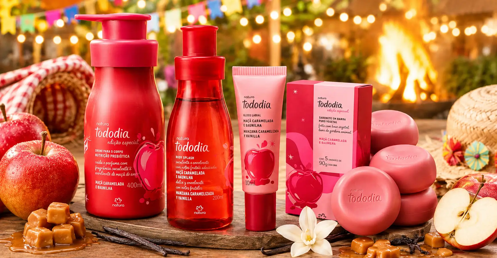 Linha Tododia Maçã Caramelada e Baunilha da Natura com body splash, creme, gloss e sabonete em cenário junino