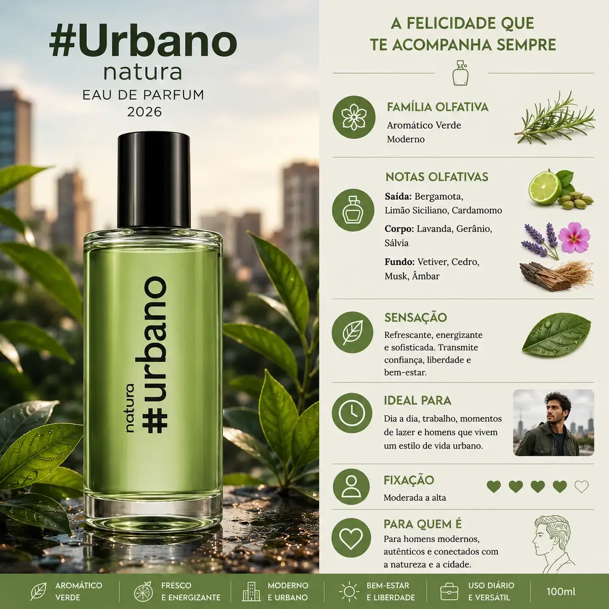 Perfume #Urbano Natura em destaque com notas verdes frescas, lançamento de perfumes em maio