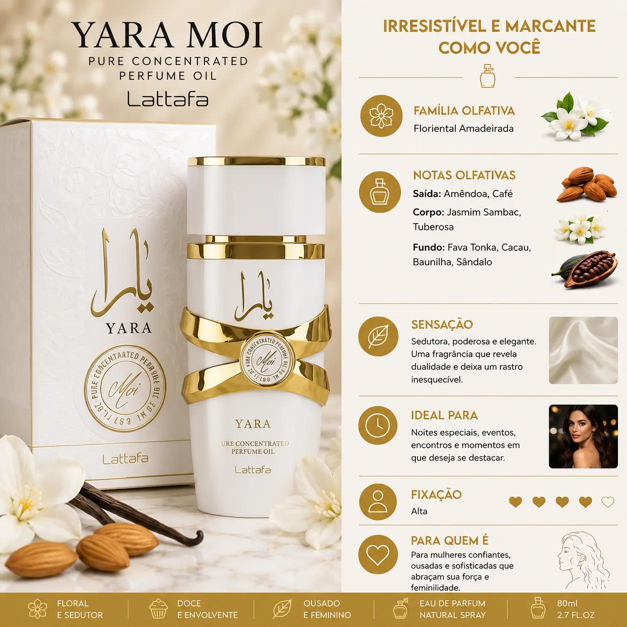 Perfume árabe feminino Yara Moi da Lattafa em frasco elegante branco e dourado com elementos florais e notas quentes ideais para o frio