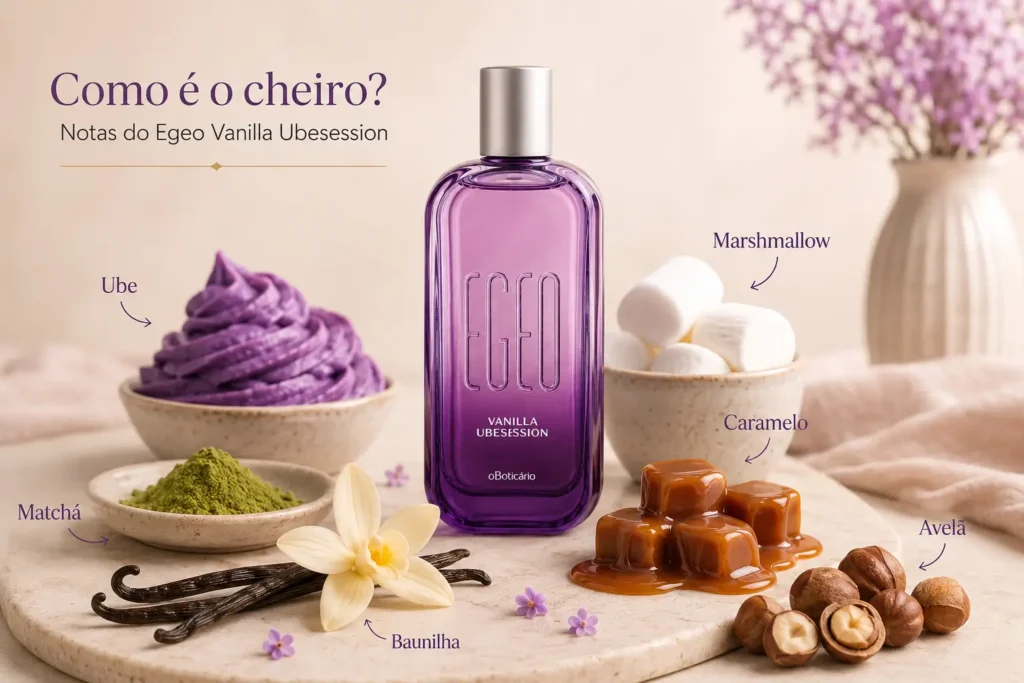 Notas do Egeo Vanilla Ubesession com ube, matchá, baunilha, marshmallow, caramelo e avelã