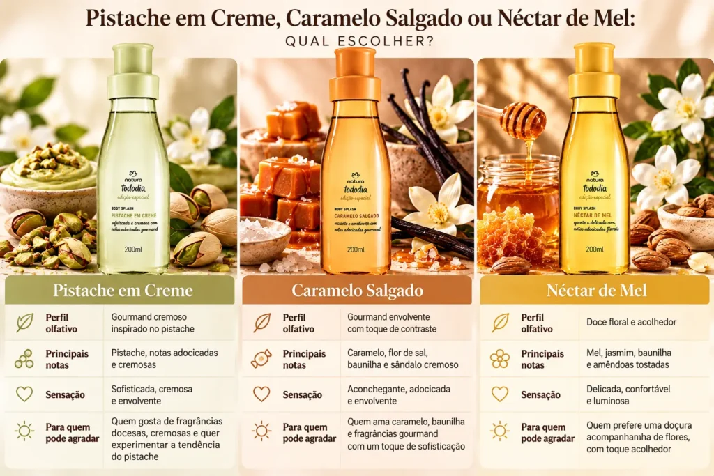 Comparativo Natura Tododia Gourmand: Pistache em Creme, Caramelo Salgado e Néctar de Mel, com perfis olfativos, notas e sugestões de escolha.