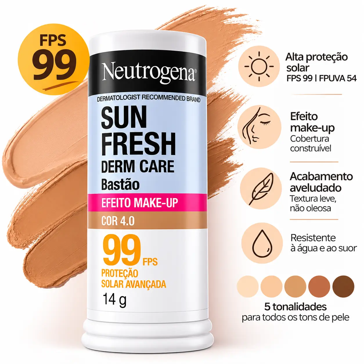 Neutrogena Sun Fresh Bastão Efeito Make-up FPS 99 com cor, embalagem de 14 g