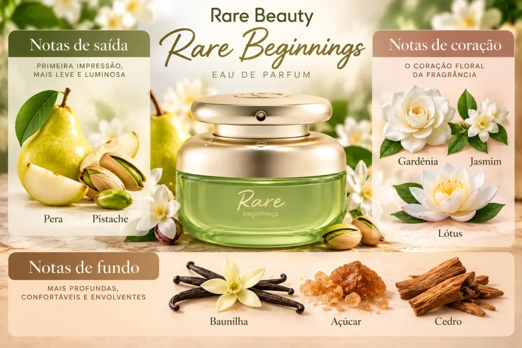  Rare Beginnings da Rare Beauty: pirâmide olfativa com notas de pera, pistache, gardênia, jasmim, lótus, baunilha, açúcar e cedro